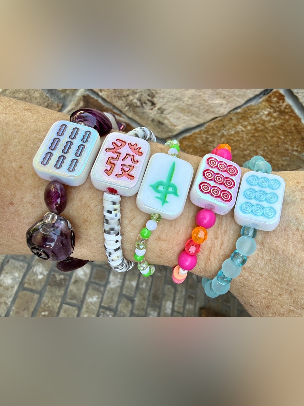 Mahjong beaded stretch bracelets handmade with a tile crack dot bam soap